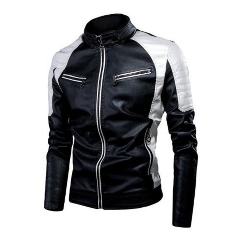 Męska Slim Fit Motorcycle kurtka z imitacji skóry z kontrastowy Panels, pikowana Shoulders i zamkiem kieszeniami