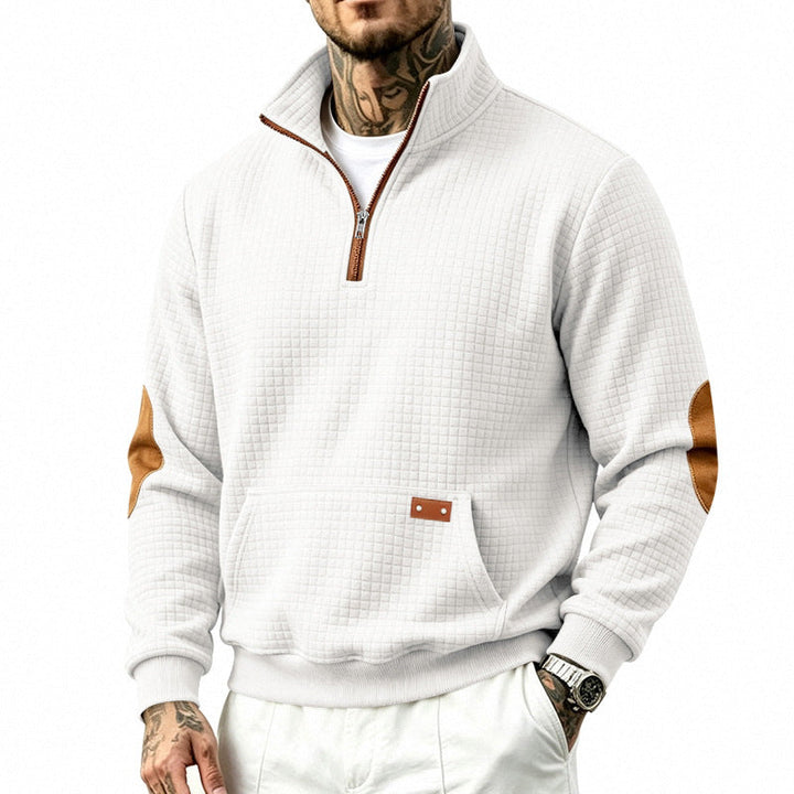 Męska Stójka krótki zamek bluza z checkered relief tekstura i imitacja skóry elbow patches