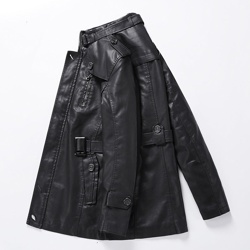 Męska Tailored skóra Trench płaszcz z Belt i dekoracyjne szwy