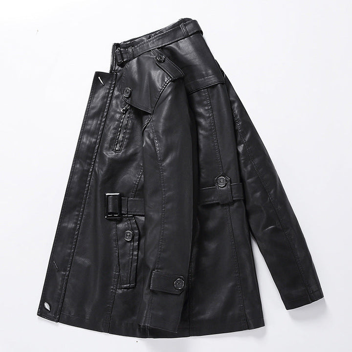 Męska Tailored skóra Trench płaszcz z Belt i dekoracyjne szwy