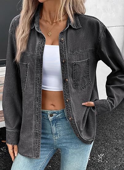 Damska oversize denimowa koszulowa kurtka in Washed Look z Chest kieszeniami i Full guzikami listwą Lumaza