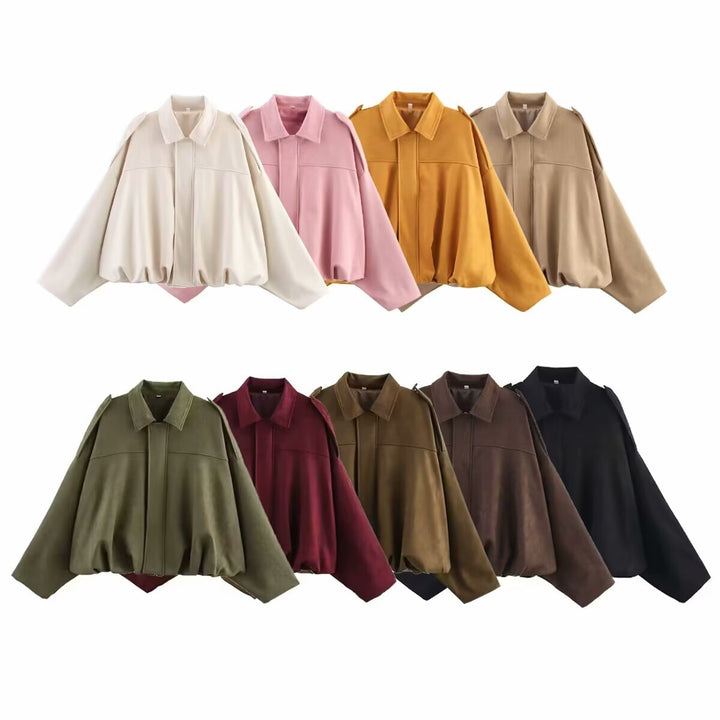 Damska krótka boxy kurtka in oversize Suede Look z Balloon dołem Lumaza