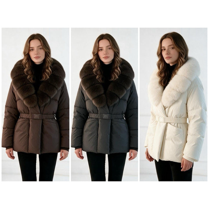 Damska taliowana pikowana kurtka z oversize faux fur kołnierzem, dopasowana paskiem, i warming izolacją termiczną Lumaza