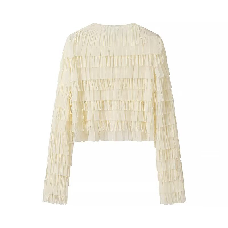 Damska krótka Fringed kurtka z Layered Fringe i Tie Band Lumaza