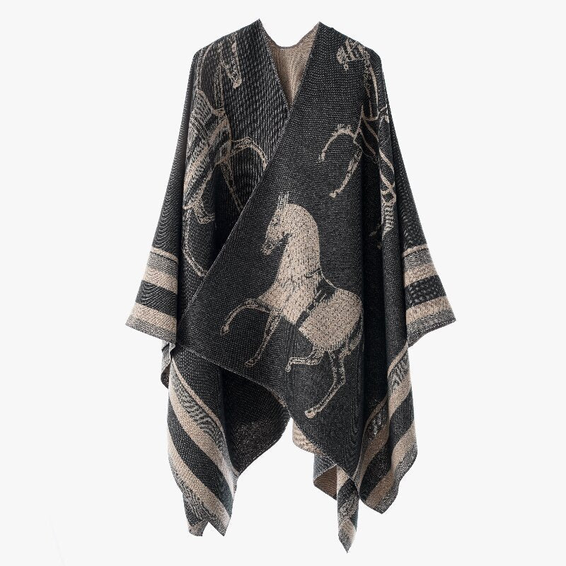Damskie Jacquard Poncho Wrap z Horse Motif i Boxy Kimono Sylwetka