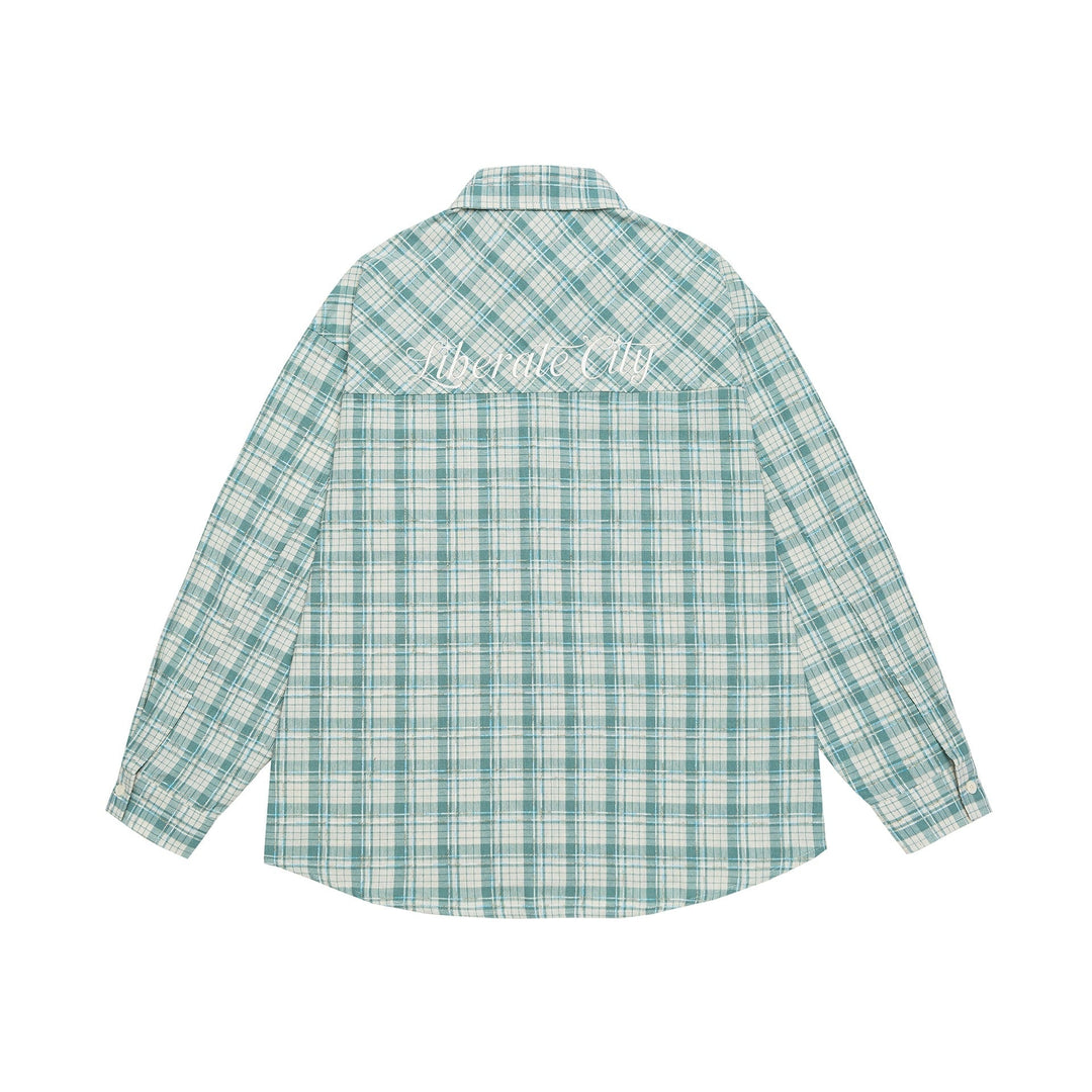 Unisex Oversize Kurtka koszulowa w checkered bawełna wygląd z zaokrąglony Dół i breast kieszeń