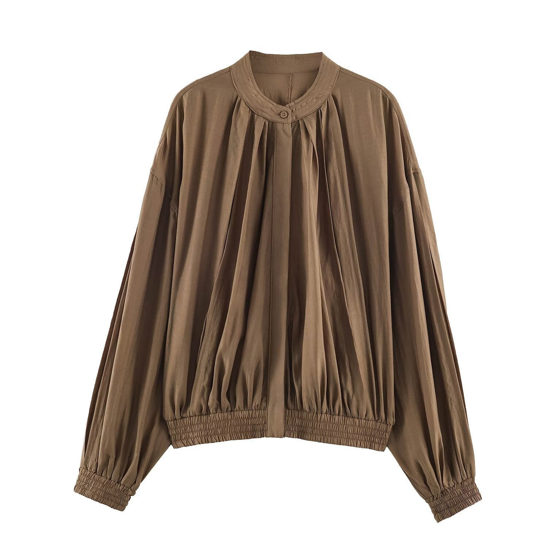 Damska lekka Pleated Blouson kurtka z Round kołnierzem, Balloon rękawami i Smocked dołem Lumaza