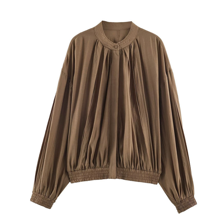 Damska lekka Pleated Blouson kurtka z Round kołnierzem, Balloon rękawami i Smocked dołem Lumaza