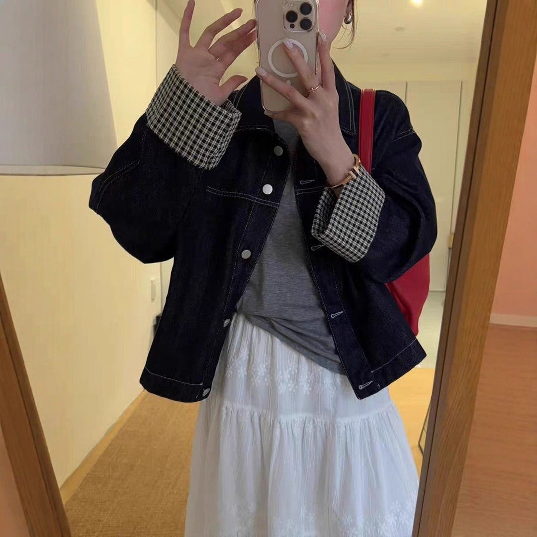 Damska oversize denimowa kurtka z Contrasting Check Lining i Cuff Roll Lumaza