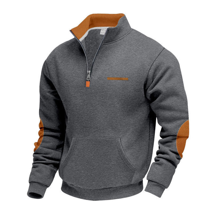 Męska krótki zamek bluza z Stójka, kieszeń kangurka, i elbow patches