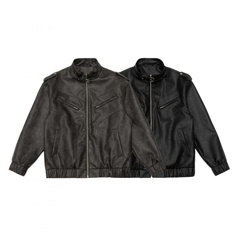 Męska boxy imitacja skóra Blouson z stójką, Shoulder Epaulettes i elastycznym dołem