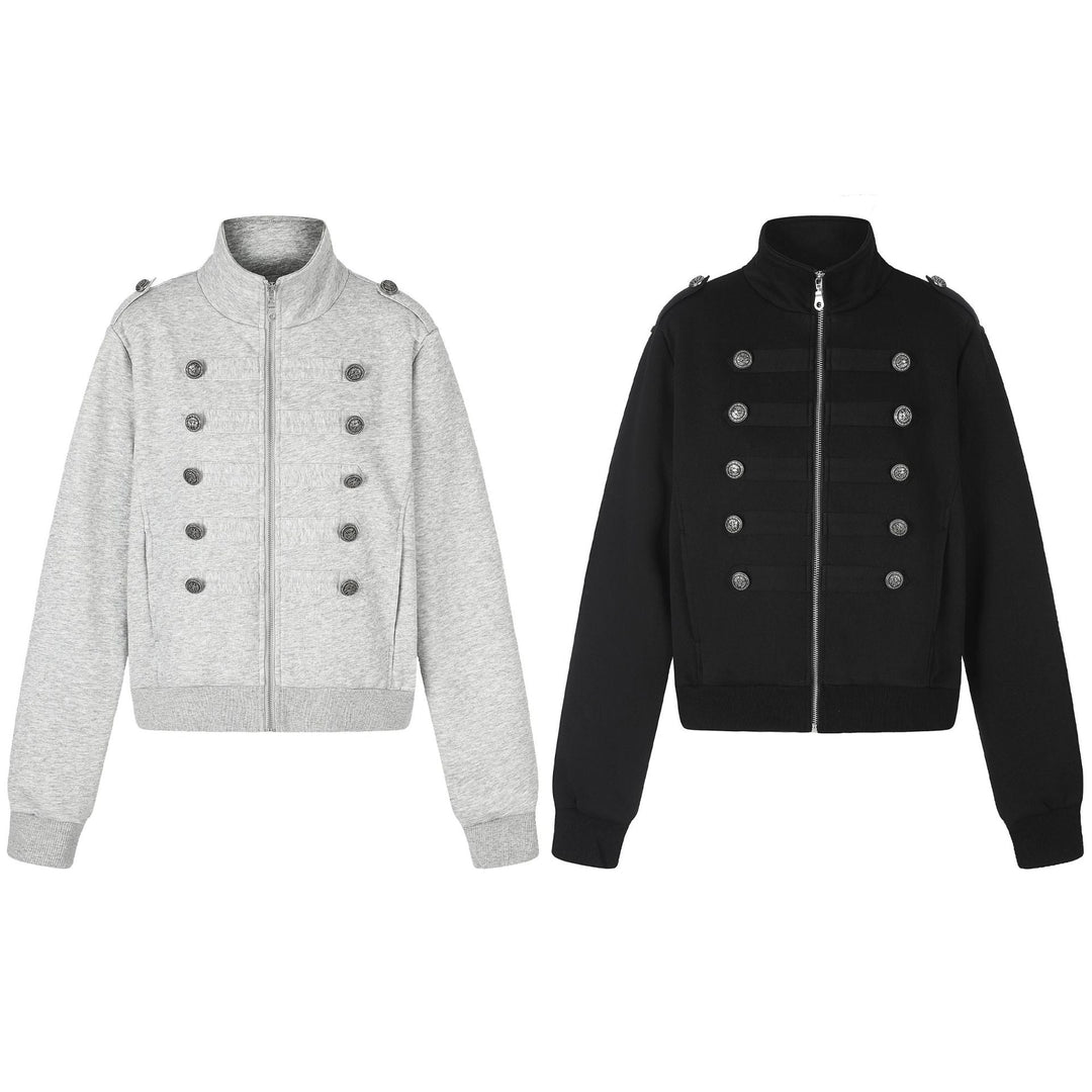 Damska Krótka Sweat Kurtka w Militarny Styl z Stójka