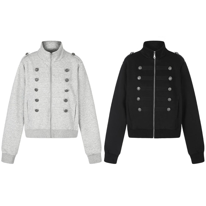 Damska Krótka Sweat Kurtka w Militarny Styl z Stójka