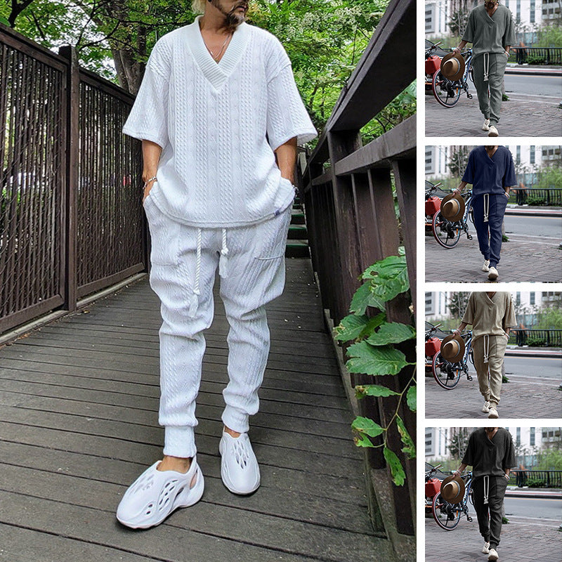 Męska Coarse Dzianina Lounge Set z Deep V-Neck i Ściągacz Joggery