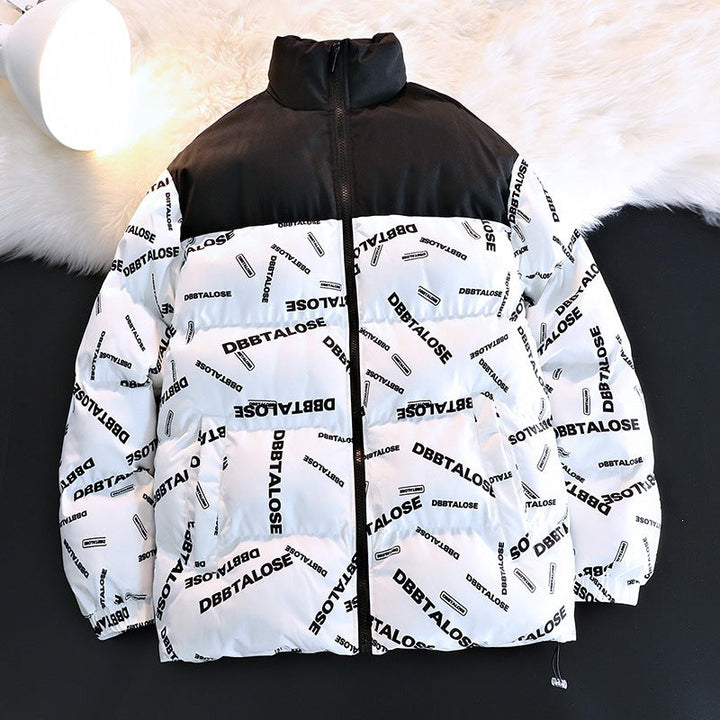 Unisex ocieplana pikowana kurtka z Allover Logo Print, High ze stójką &amp; regulowanym dołem Lumaza