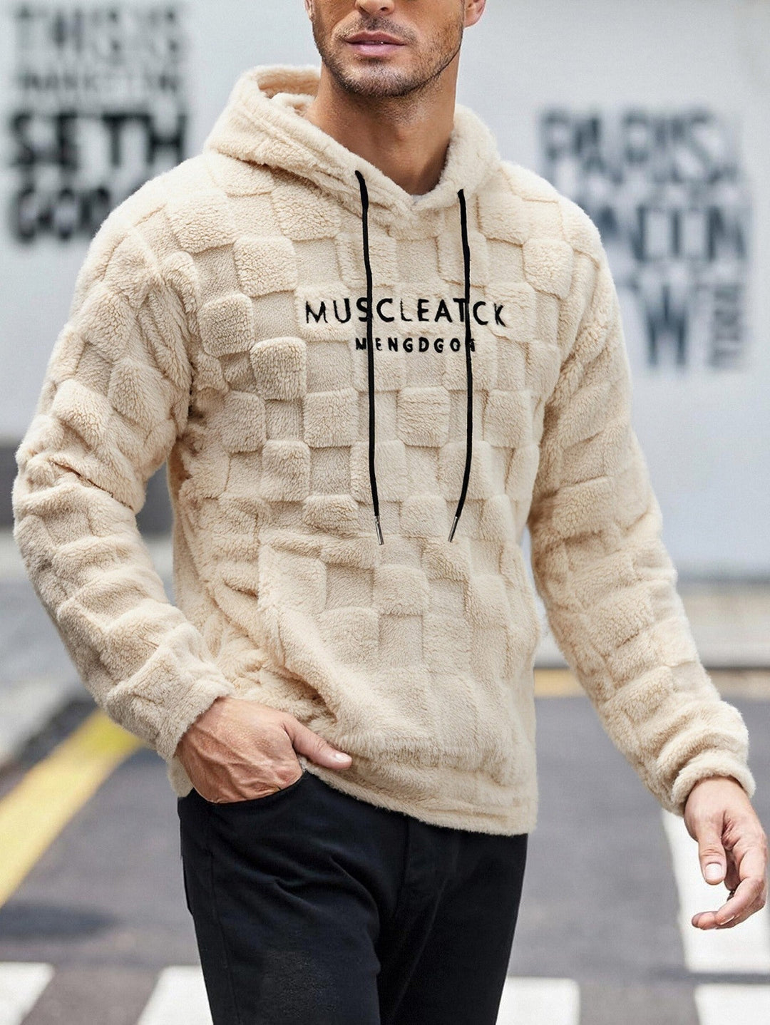 Męska fluffy Sherpa bluza z kapturem z square quilting Wzór, kieszeń kangurka i regulowany kaptur