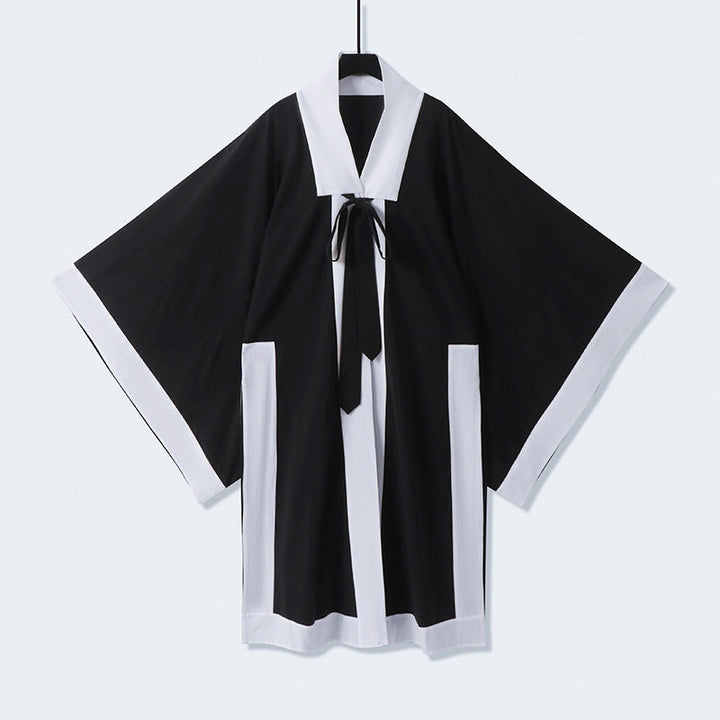 Unisex oversize kimono-kardigan z kontrastowy trim, wiązanym paskiem i z naszywanymi kieszeniami Lumaza