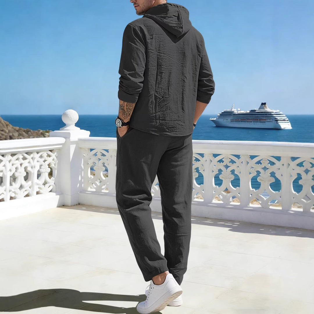 Męska luźny bluza z kapturem Henley czas wolny suit wykonana z Lekka bawełna mieszanka z len wygląd, zawiera ściągacz i elastyczny waistband spodnie