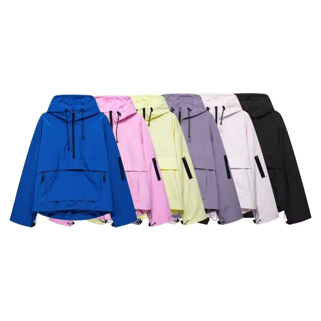 Damska wodoodporna oversize Anorak z kapturem, Half zamkiem błyskawicznym i Kangaroo Pocket Lumaza