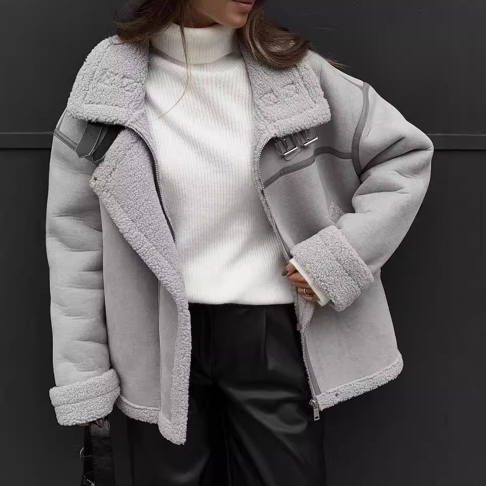 Damska Wide Cut Lambskin Imitation Flight kurtka z Faux Fur Lining Lumaza
