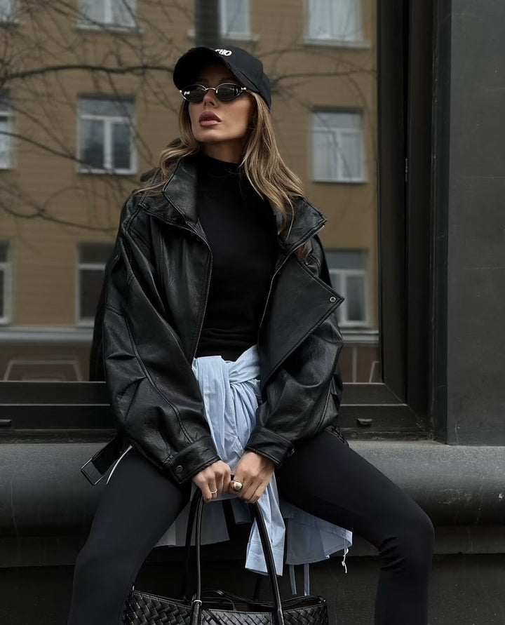 Damska oversize Leather kurtka z Asymmetrical zamkiem błyskawicznym i Wide kołnierzem Lumaza