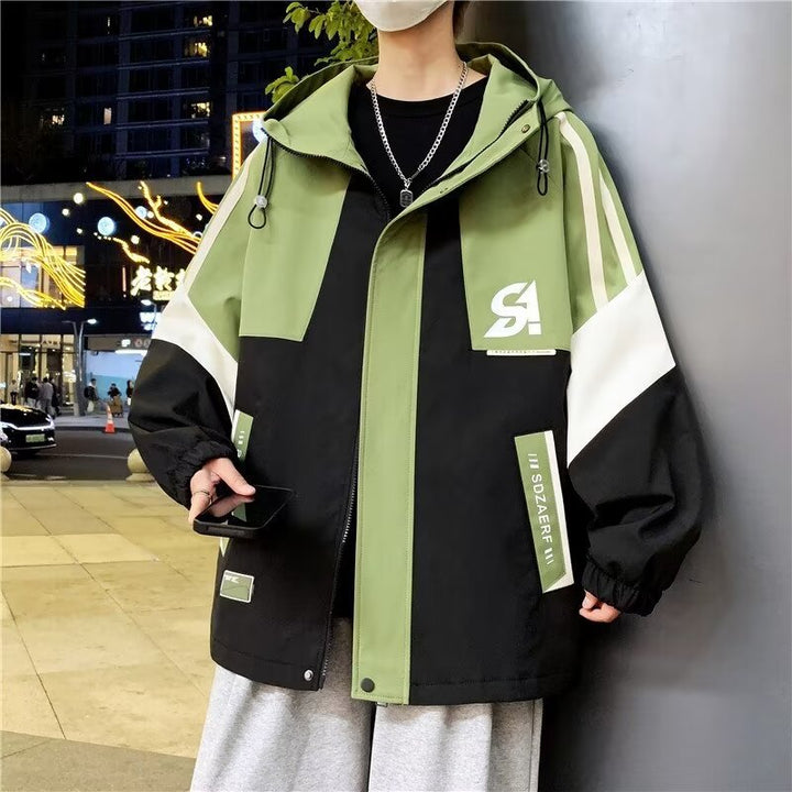 Męski Colourblock Utility Outdoorowy Kurtka z Kaptur, Kontrastowy Paski i Ukryty Zamek
