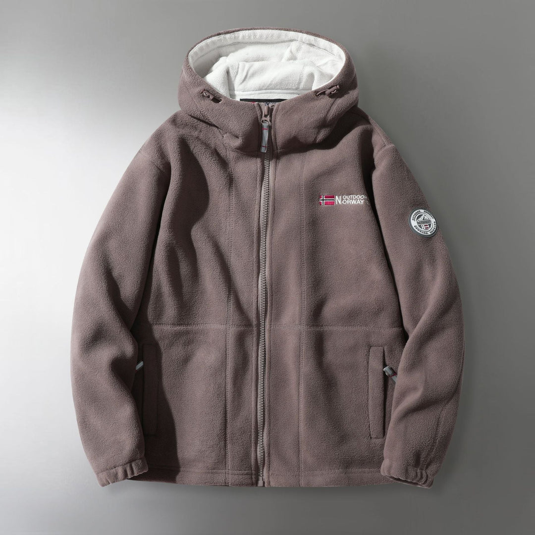 Męski microfleece outdoorowy kurtka z kaptur, wind-resistant structure i logo naszywany