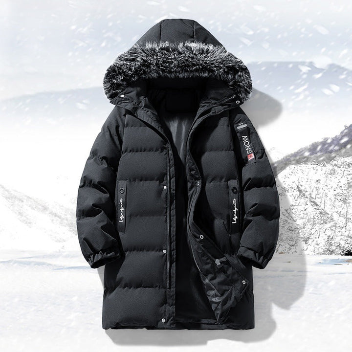 Męska longer pikowana parka z kapturem i imitacja fur trim