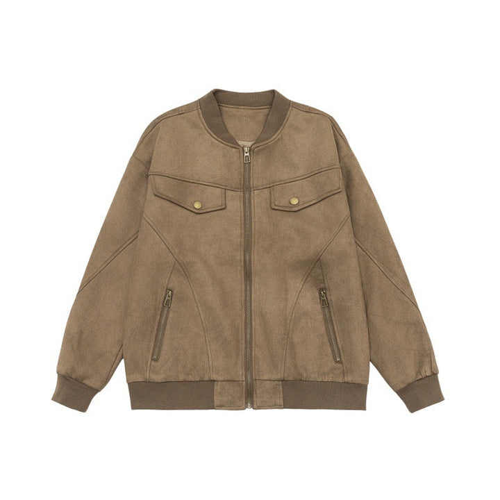 Unisex krótka kurtka w vintage zamsz wygląd z klatka piersiowa flaps, zamek Kieszenie i prążkowane mankiety