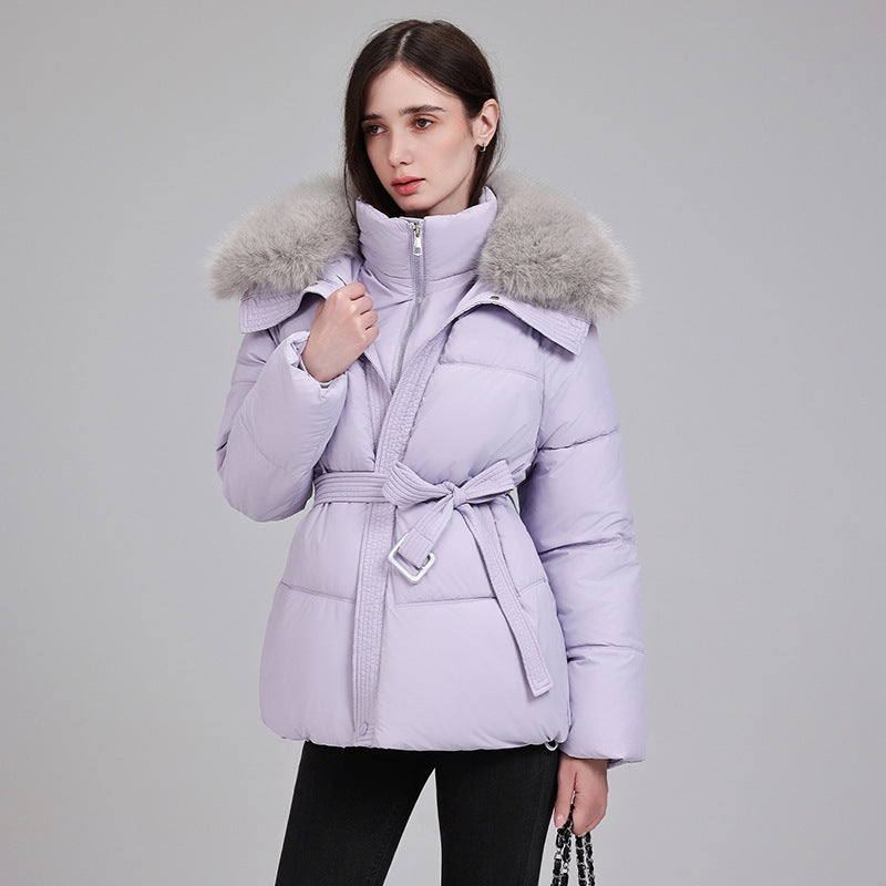 Damska luxury krótka puchowa kurtka z integrated wind protection kołnierzem i waist paskiem Lumaza
