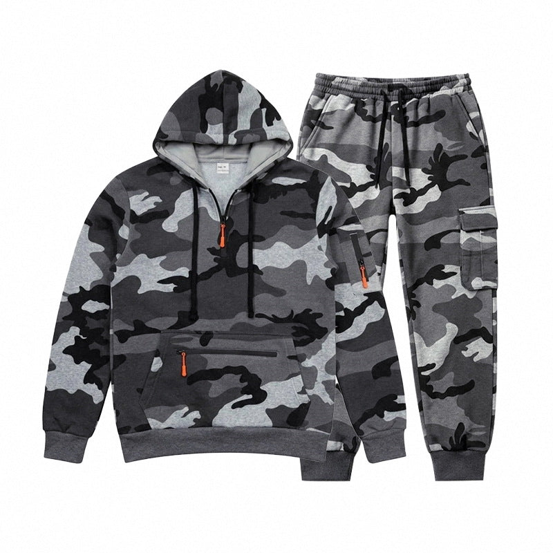 Męska Camouflage Bluza z kapturem Bluza i Jogging Spodnie Set z Cargo Kieszenie i Zippers