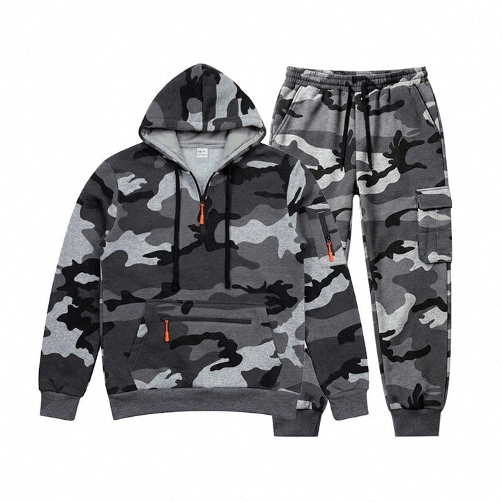 Męska Camouflage Bluza z kapturem Bluza i Jogging Spodnie Set z Cargo Kieszenie i Zippers