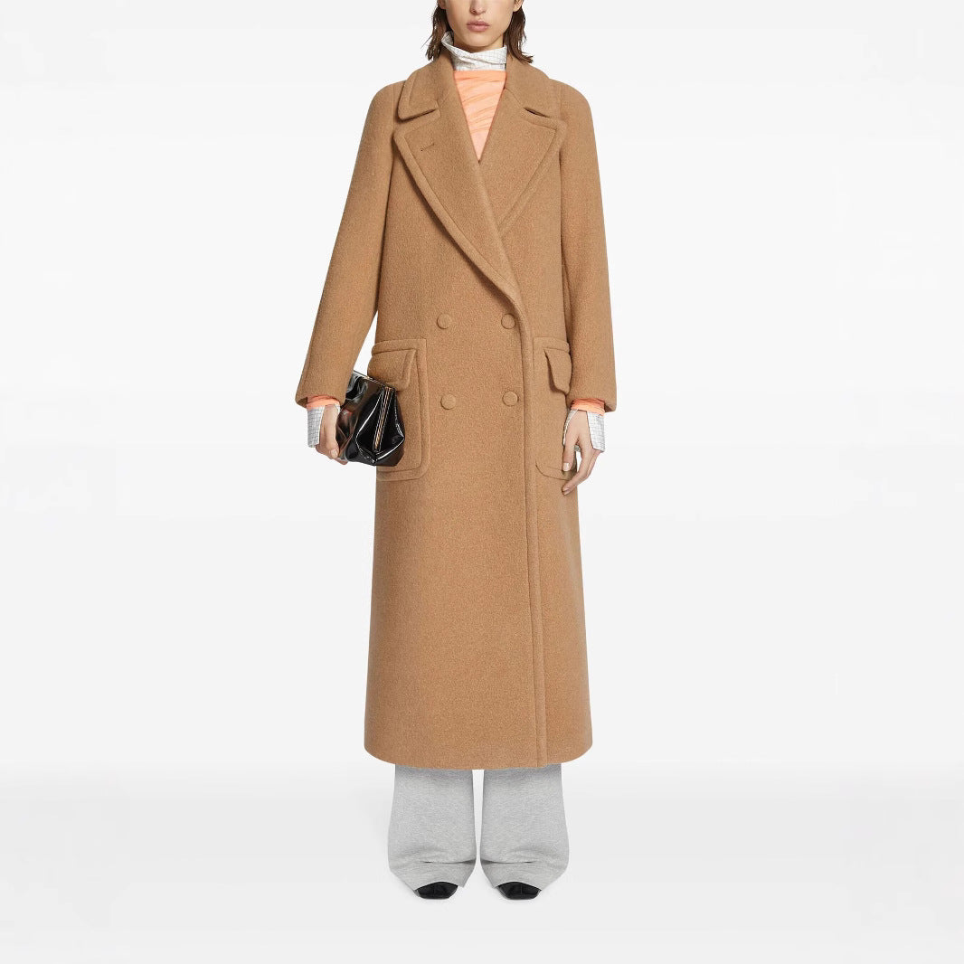 Damska Maxi dwurzędna Wool płaszcz z oversize Lapels i klapką kieszeniami Lumaza