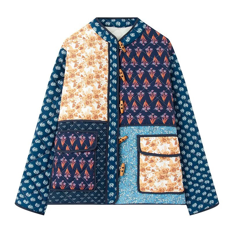 Damskie Ocieplana Patchwork Kurtka pikowana z Toggle Closures i Naszywane kieszenie