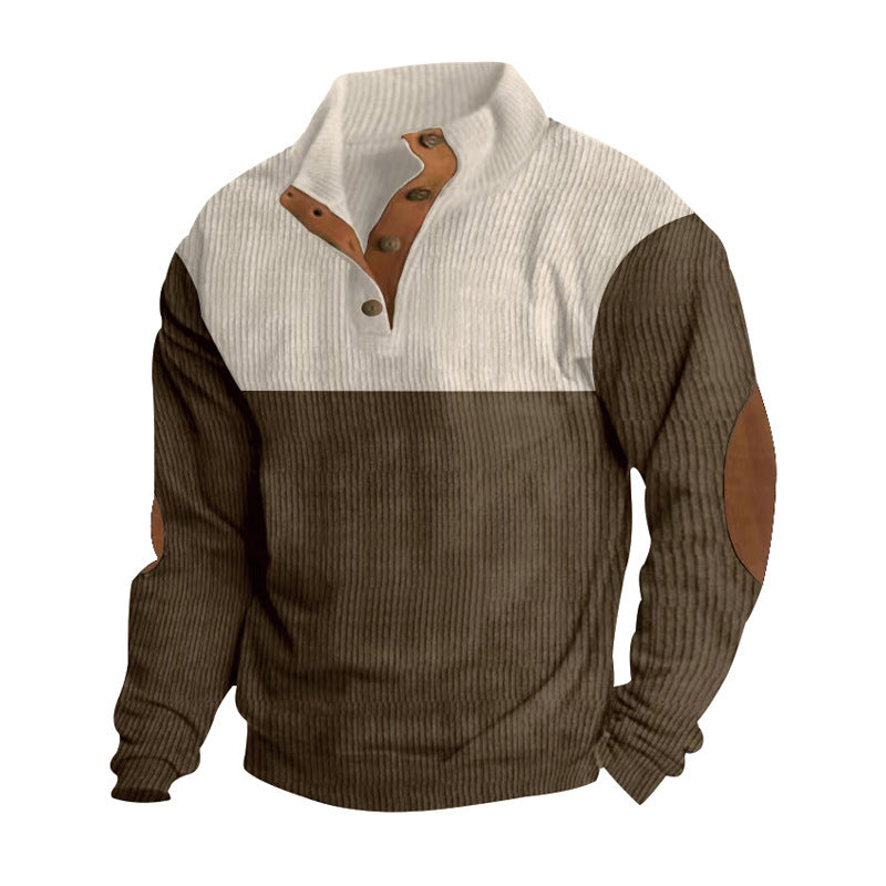 Męska prążkowany Henley dzianina pulower z stójka kontrastowy karczek i elbow patches