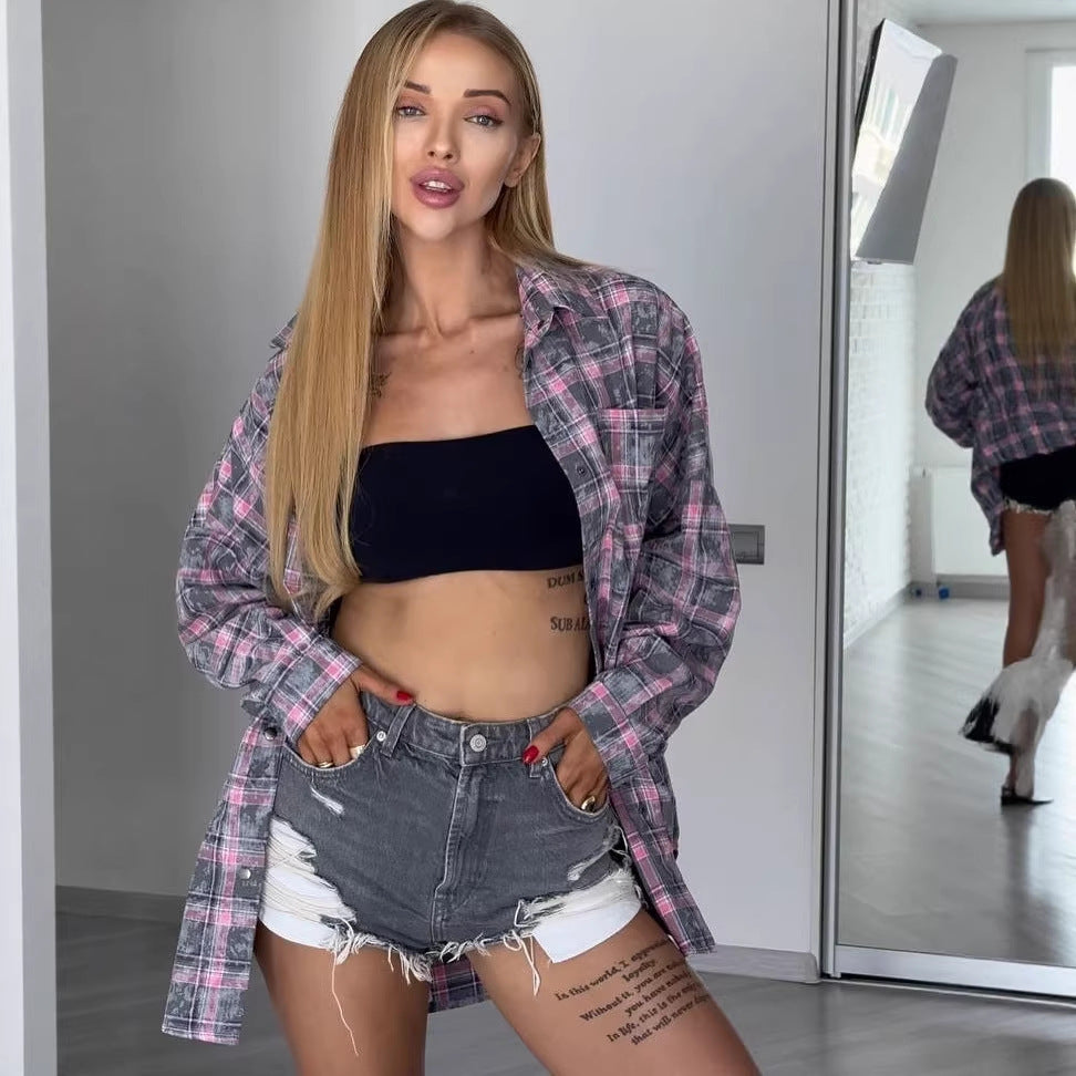Damska oversize Checked Shacket-koszulowa kurtka z Snap guzikami Closure i Rounded dołem Lumaza