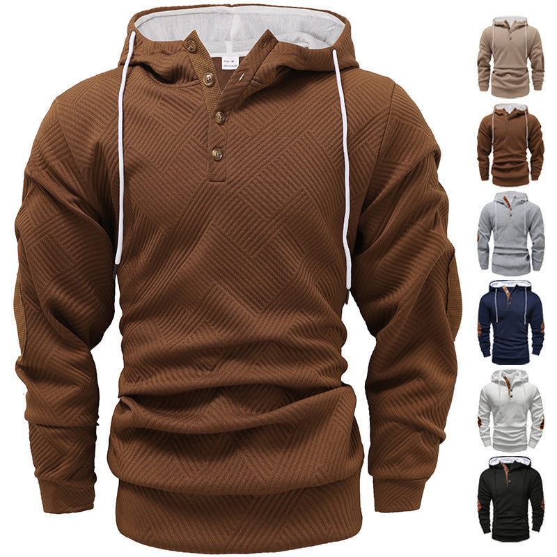 Męska strukturalny bluza z kapturem w Henley Styl z kontrastowy wykończenie i elbow patches