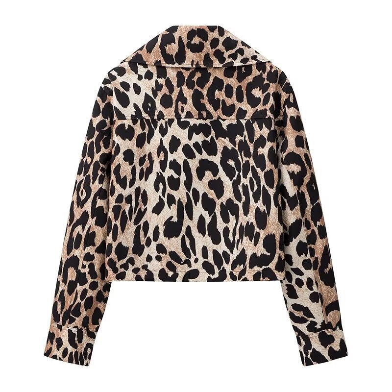 Damska krótka Field kurtka in Leopard Pattern z Wide Lapels i klapką kieszeniami Lumaza