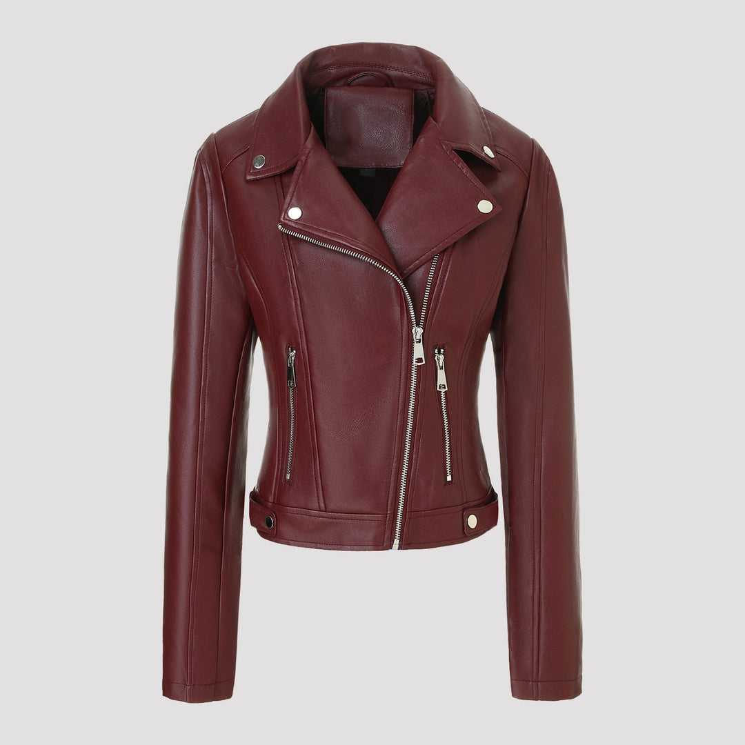 Damska krótka dopasowana biker kurtka made of Nappa leather z asymmetrical zamkiem błyskawicznym Lumaza
