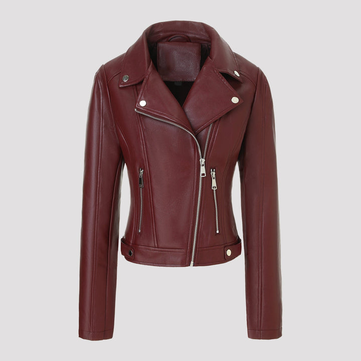 Damska krótka dopasowana biker kurtka made of Nappa leather z asymmetrical zamkiem błyskawicznym Lumaza