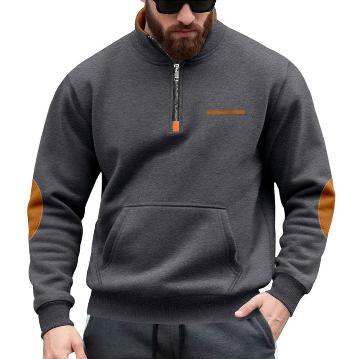 Męska krótki zamek bluza z Stójka, kieszeń kangurka, i elbow patches