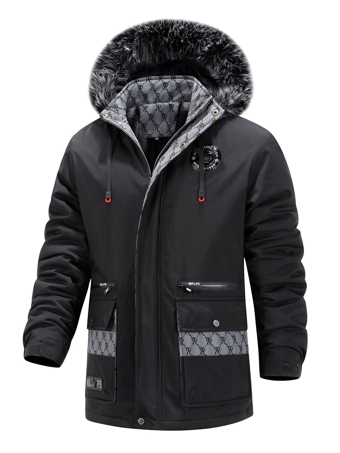 Męska długa termiczny parka z kapturem, Logo Lwwg i Multifunctional kieszeniami