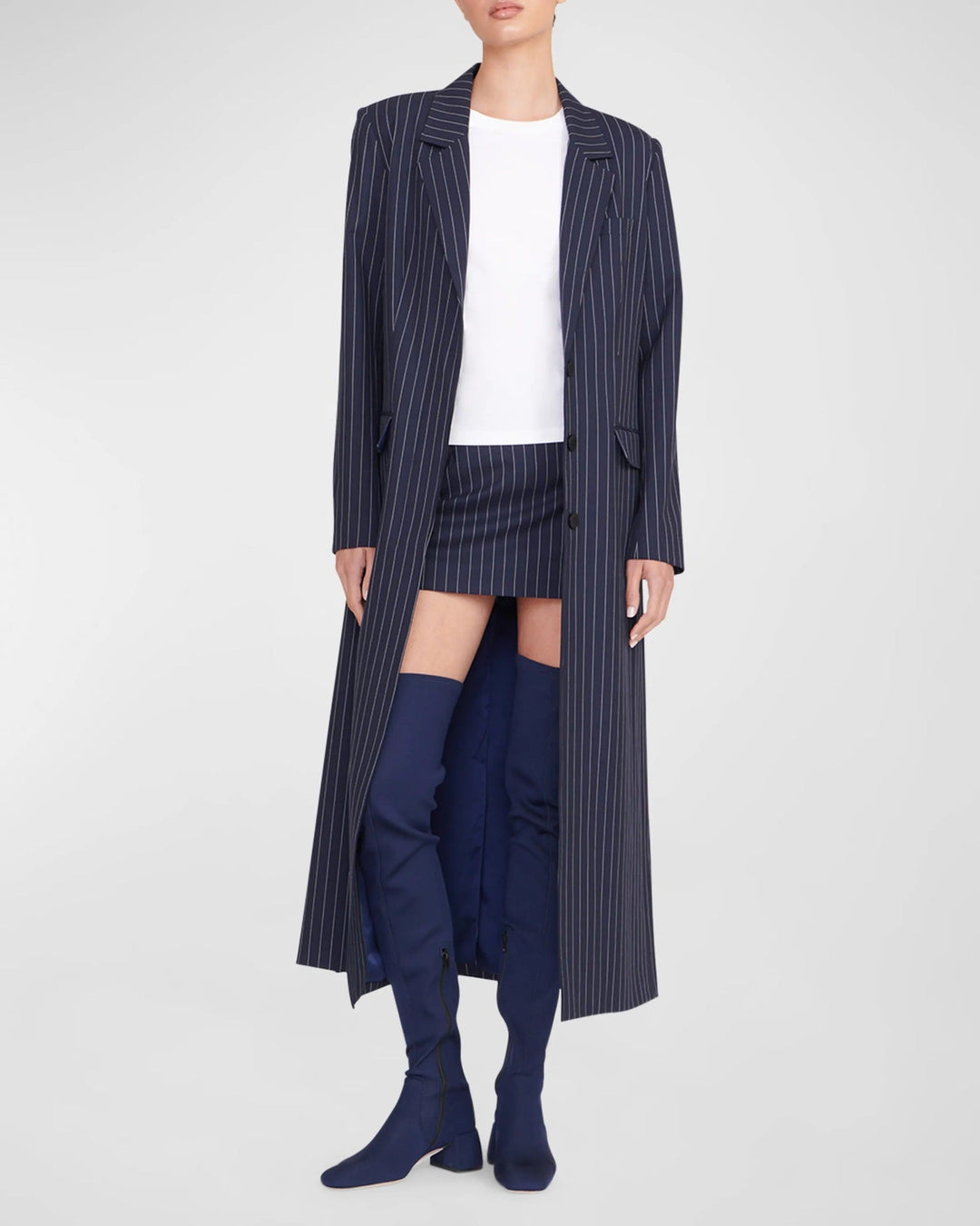 Damska oversize długaline płaszcz in Pinstripe Look z Slit i klapką kieszeniami Lumaza