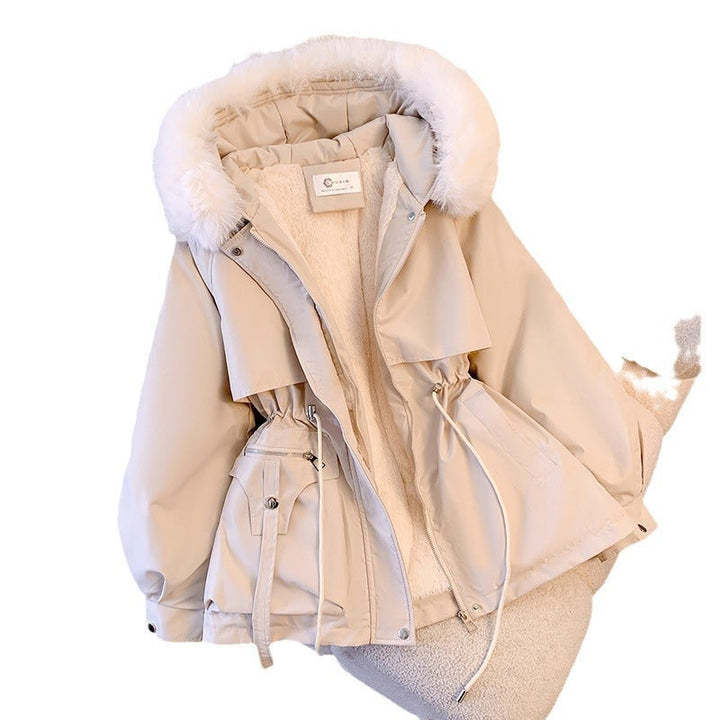 Damska krótka funkcjonalna parka z ściągaczem waist, detachable faux fur kołnierzem, i asymmetrical kieszeniami Lumaza