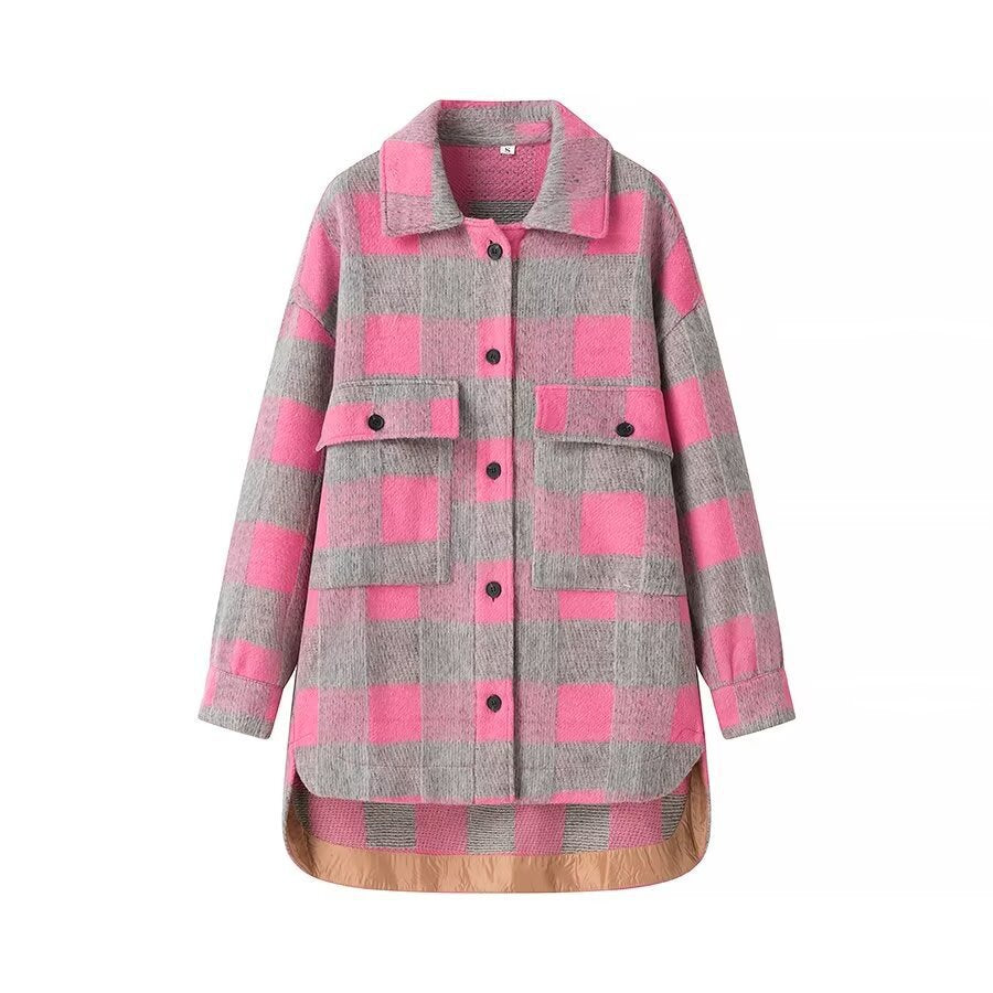 Damska oversize Check Teddy kurtka z Extended Back i naszywane Chest kieszeniami Lumaza