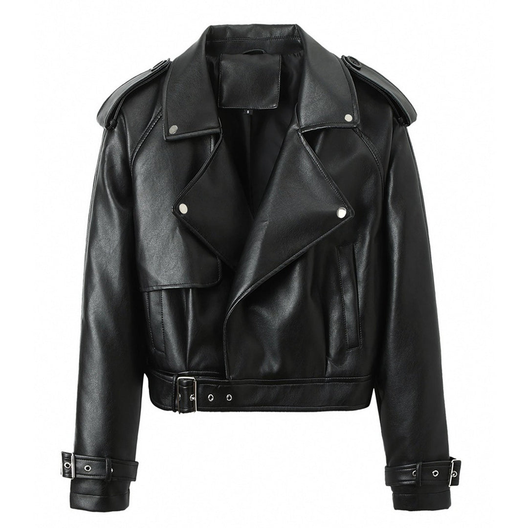 Damska krótka Biker Trench made of soft imitacja skóry z na ramiona straps i buckle cuffs Lumaza