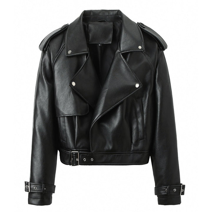 Damska krótka Biker Trench made of soft imitacja skóry z na ramiona straps i buckle cuffs Lumaza