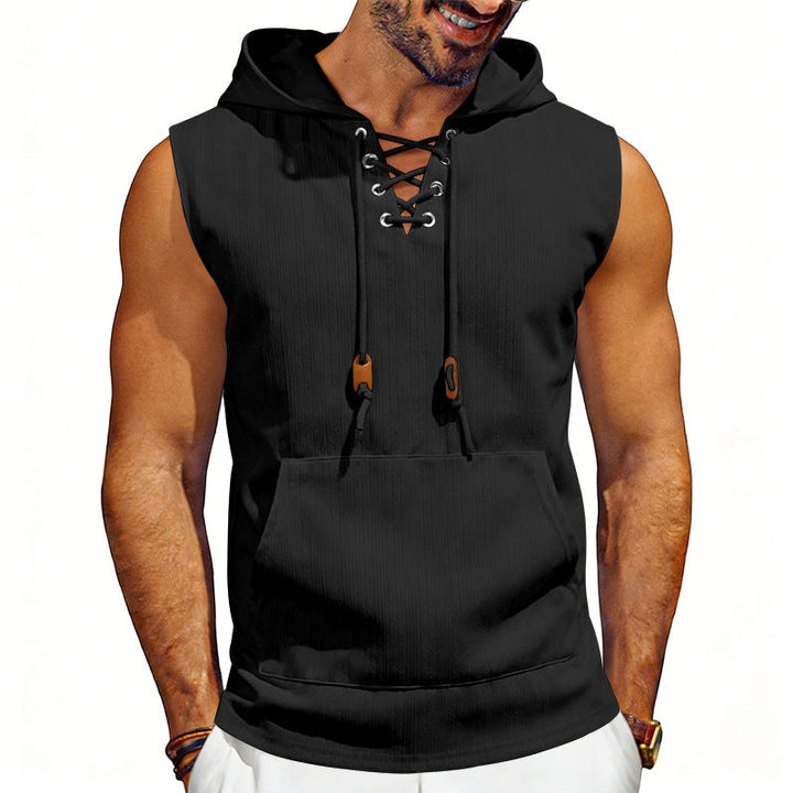 Męska sleeveless z kapturem kamizelka z lace-up V-neck, kieszeń kangurka, i Codzienny Krój