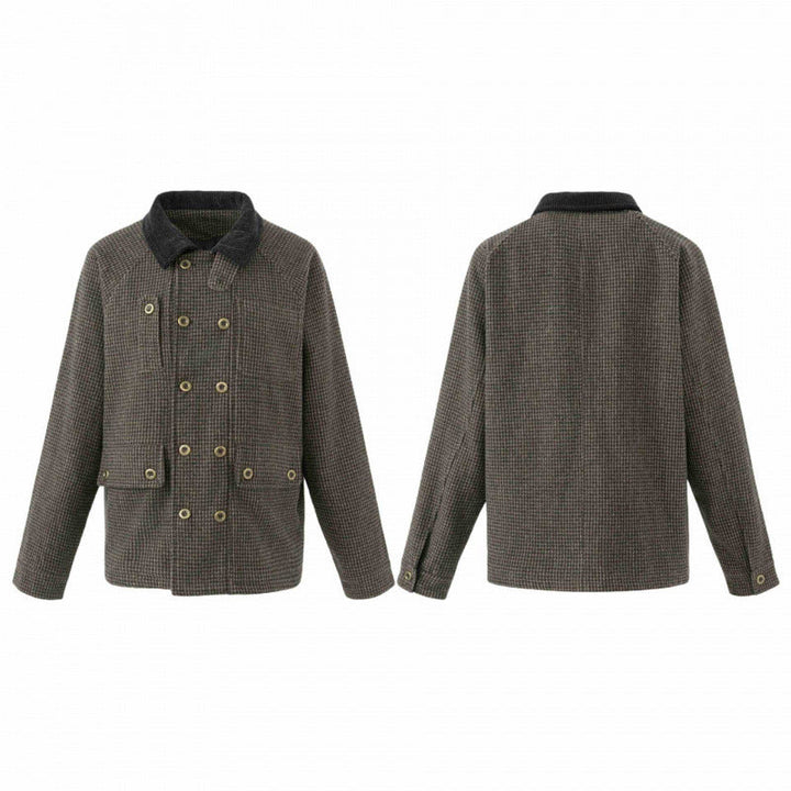 Męska Double-Breasted wełna Mix field kurtka w Houndstooth z Corduroy kołnierzem i kieszeniami z patkami