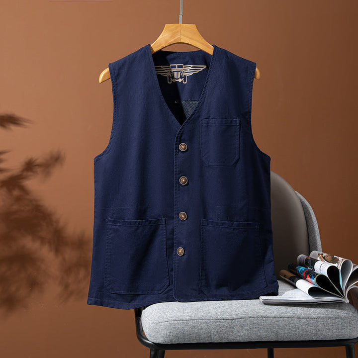Męski Bez rękawów Utility Płótno Kamizelka z V-Neck, Guzik Placket, i Naszywane kieszenie